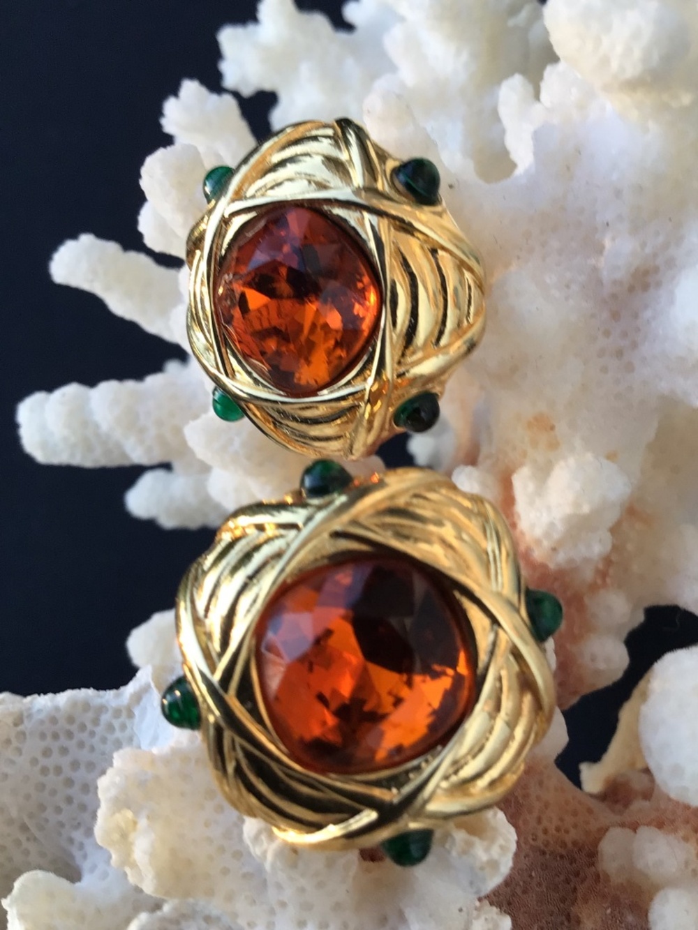 Vintage Nolan Miller Faux Topaz and Green Accents Button Clip On Earrings - Picture 1 of 16